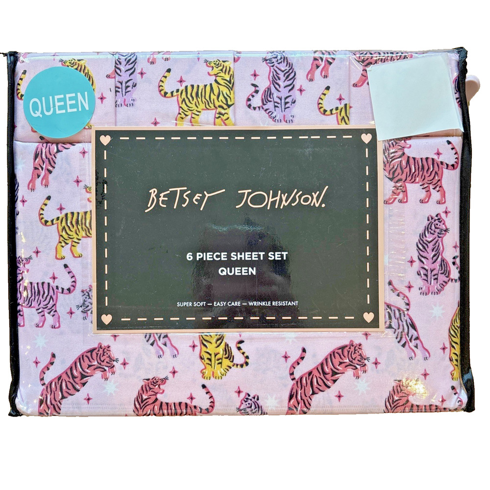 Betsey Johnson Pop Tiger Pink Animal Print Queen Sheet Set 6 Piece NEW